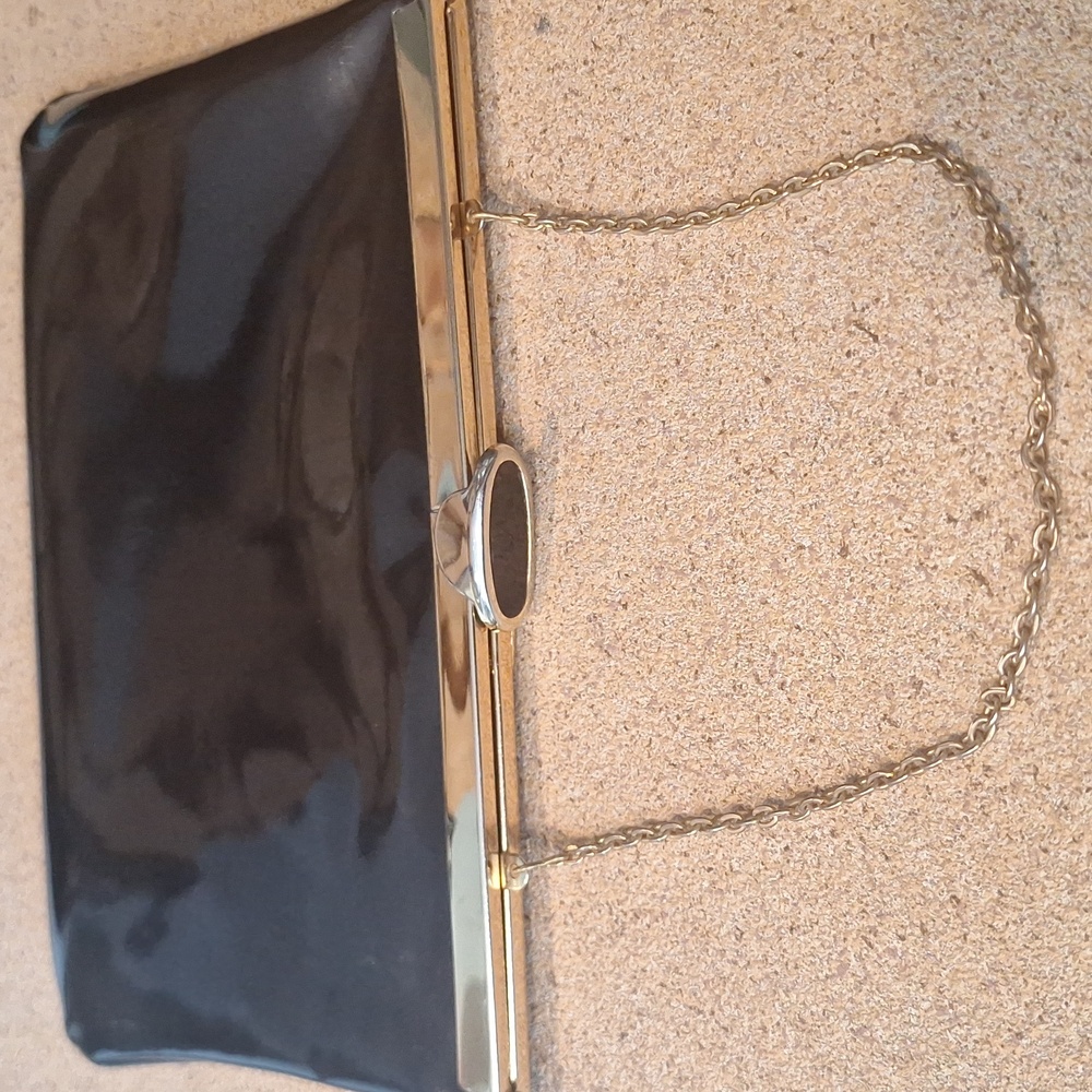 Etra Vintage 50s Black Patent Leather Clutch Handbag Purse with Chain